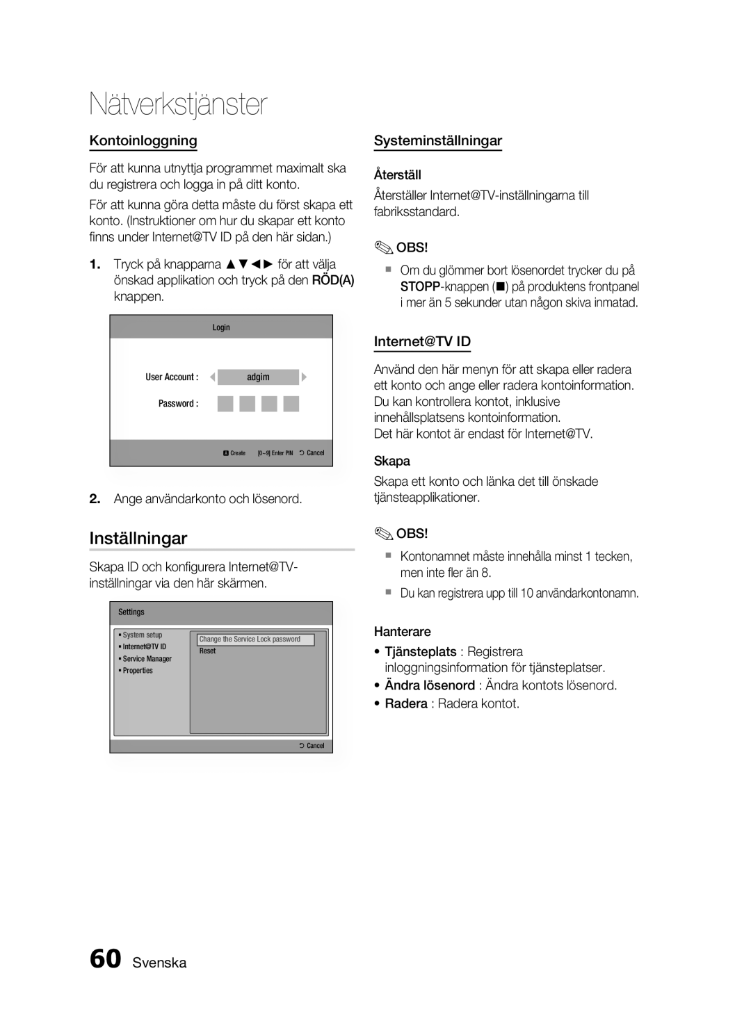 Samsung HT-C6930W/XEE manual Inställningar, Kontoinloggning, Systeminställningar, Internet@TV ID 