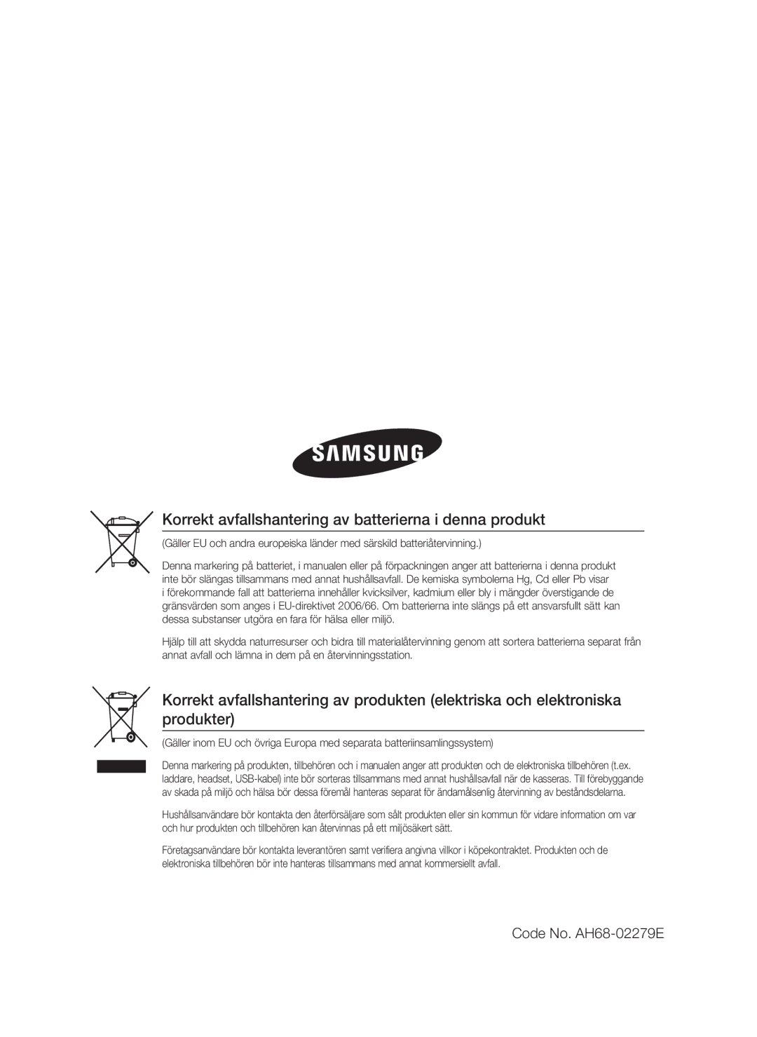 Samsung HT-C6930W/XEE manual Korrekt avfallshantering av batterierna i denna produkt 