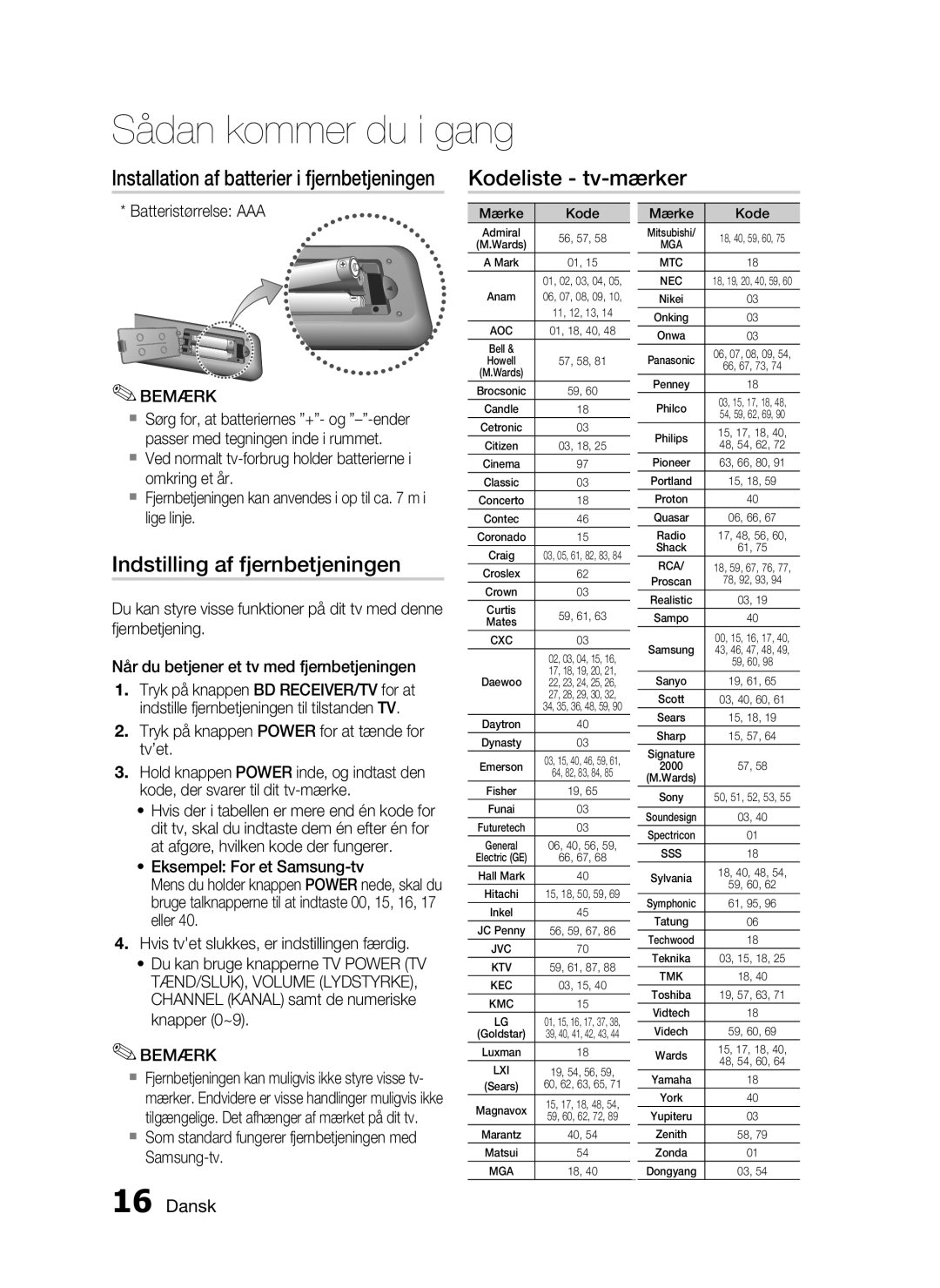 Samsung HT-C6930W/XEE manual Kodeliste tv-mærker, Indstilling af fjernbetjeningen, Batteristørrelse AAA 