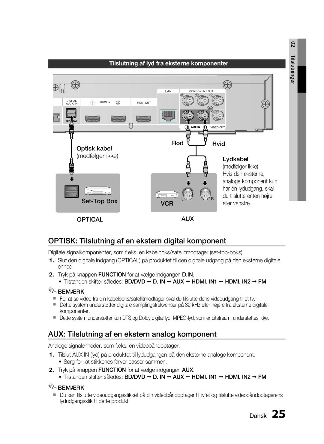 Samsung HT-C6930W/XEE Optisk Tilslutning af en ekstern digital komponent, AUX Tilslutning af en ekstern analog komponent 