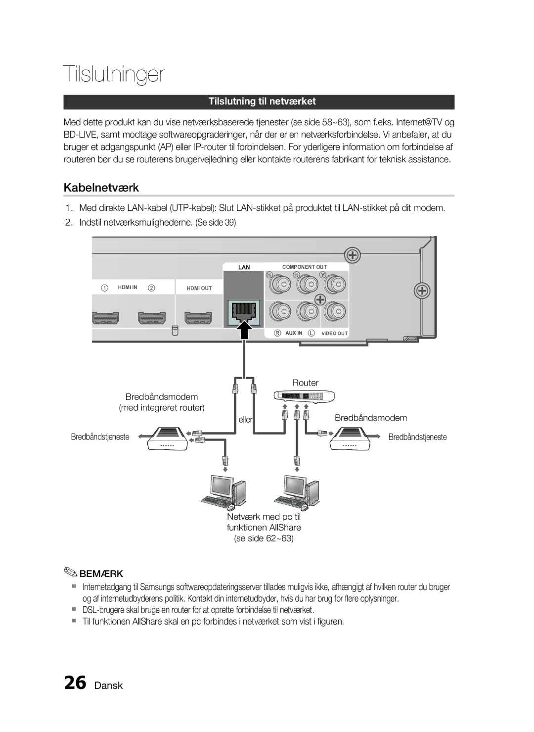 Samsung HT-C6930W/XEE manual Kabelnetværk, Tilslutning til netværket 