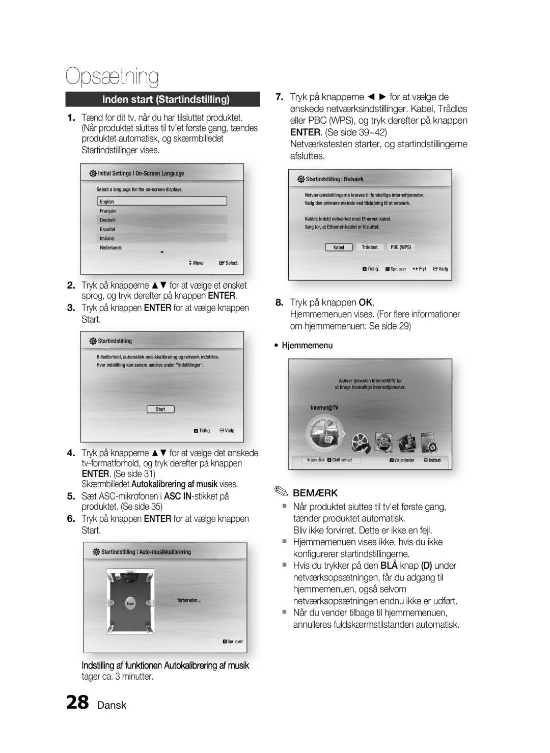 Samsung HT-C6930W/XEE manual Opsætning, Inden start Startindstilling, Tryk på knappen Enter for at vælge knappen Start 