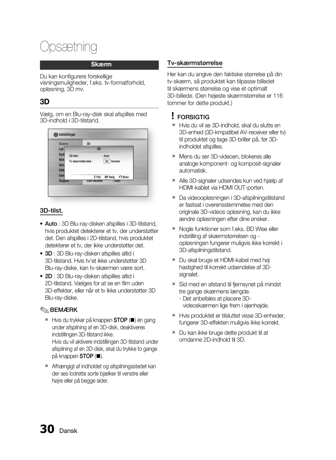 Samsung HT-C6930W/XEE manual Skærm, 3D-tilst, Tv-skærmstørrelse, 3D 3D Blu-ray-disken afspilles altid 