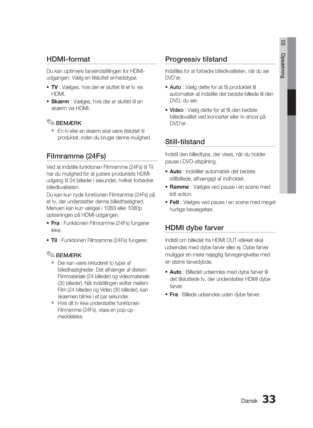 Samsung HT-C6930W/XEE manual HDMI-format, Filmramme 24Fs, Progressiv tilstand, Still-tilstand, Hdmi dybe farver 