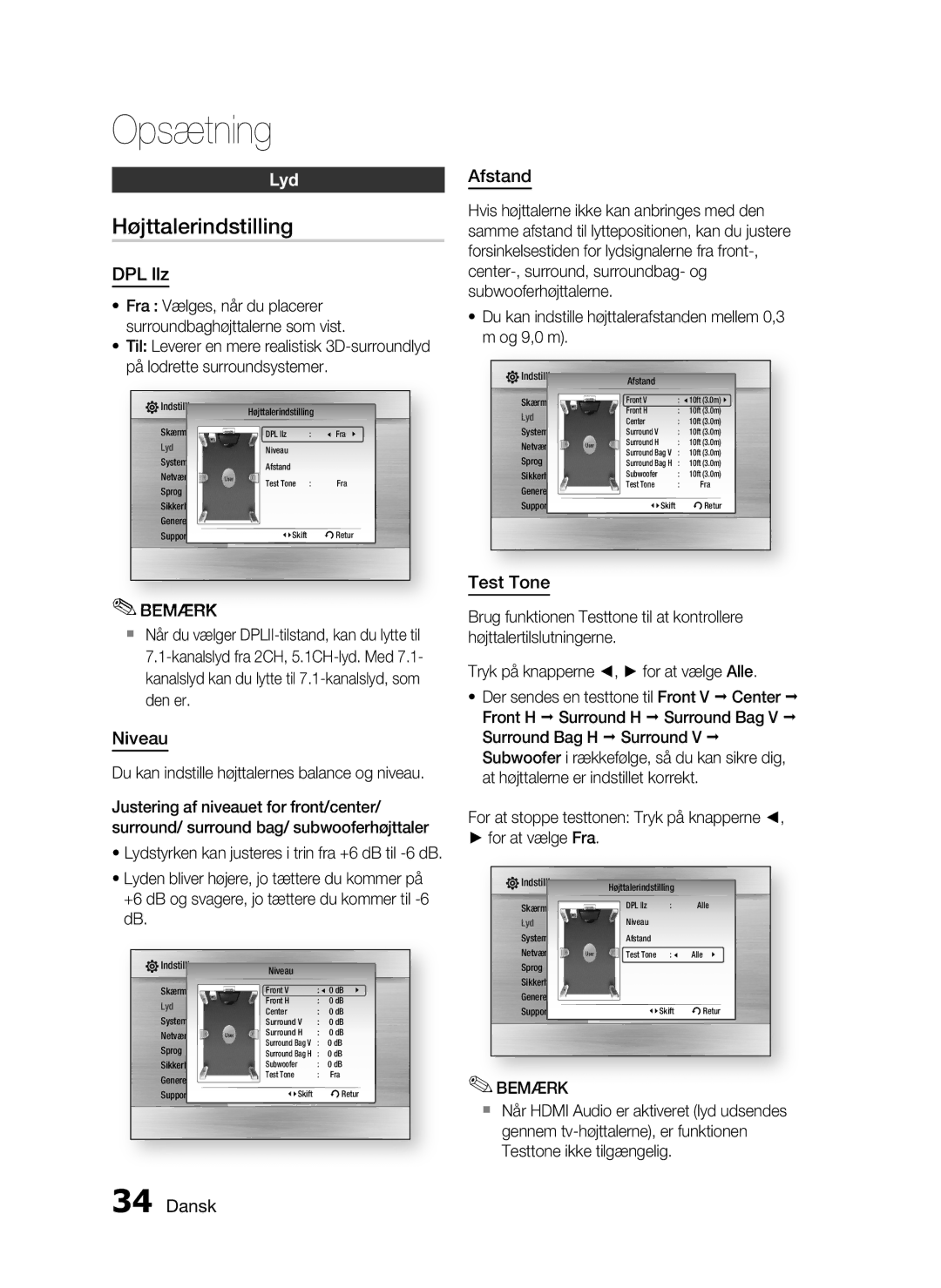 Samsung HT-C6930W/XEE manual Højttalerindstilling, Lyd 