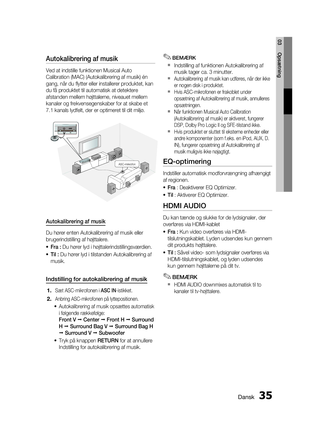 Samsung HT-C6930W/XEE manual Autokalibrering af musik, EQ-optimering, Indstilling for autokalibrering af musik 