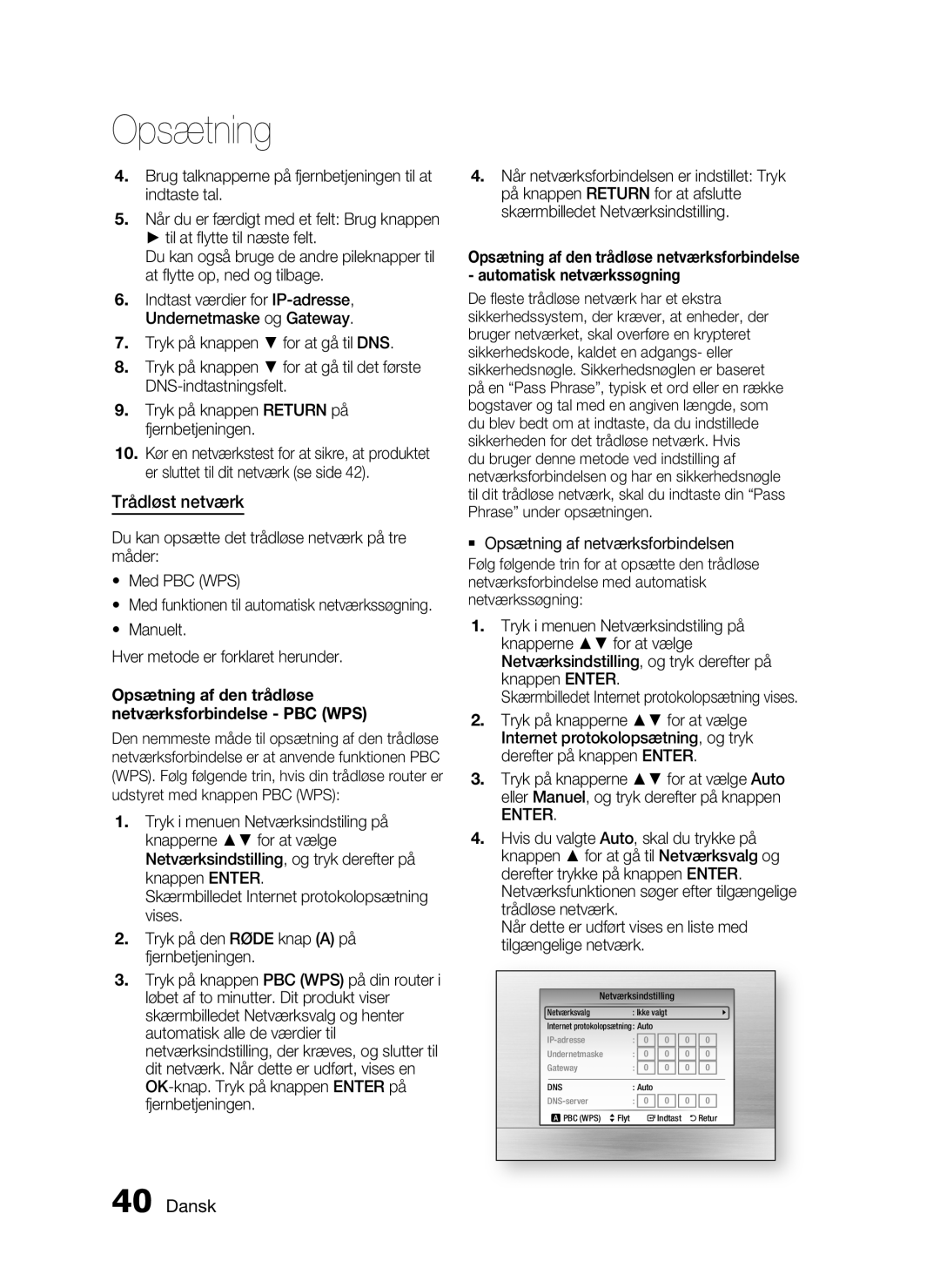 Samsung HT-C6930W/XEE manual Trådløst netværk, Opsætning af den trådløse netværksforbindelse PBC WPS 