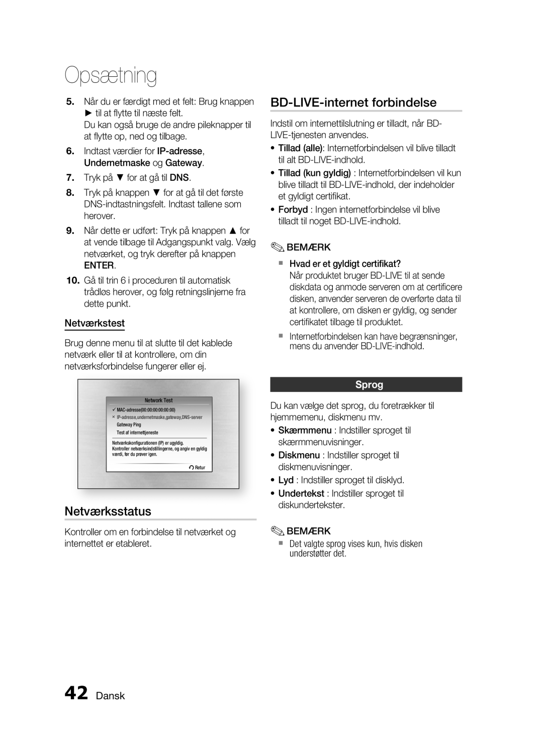 Samsung HT-C6930W/XEE manual BD-LIVE-internet forbindelse, Netværksstatus, Netværkstest, Sprog 