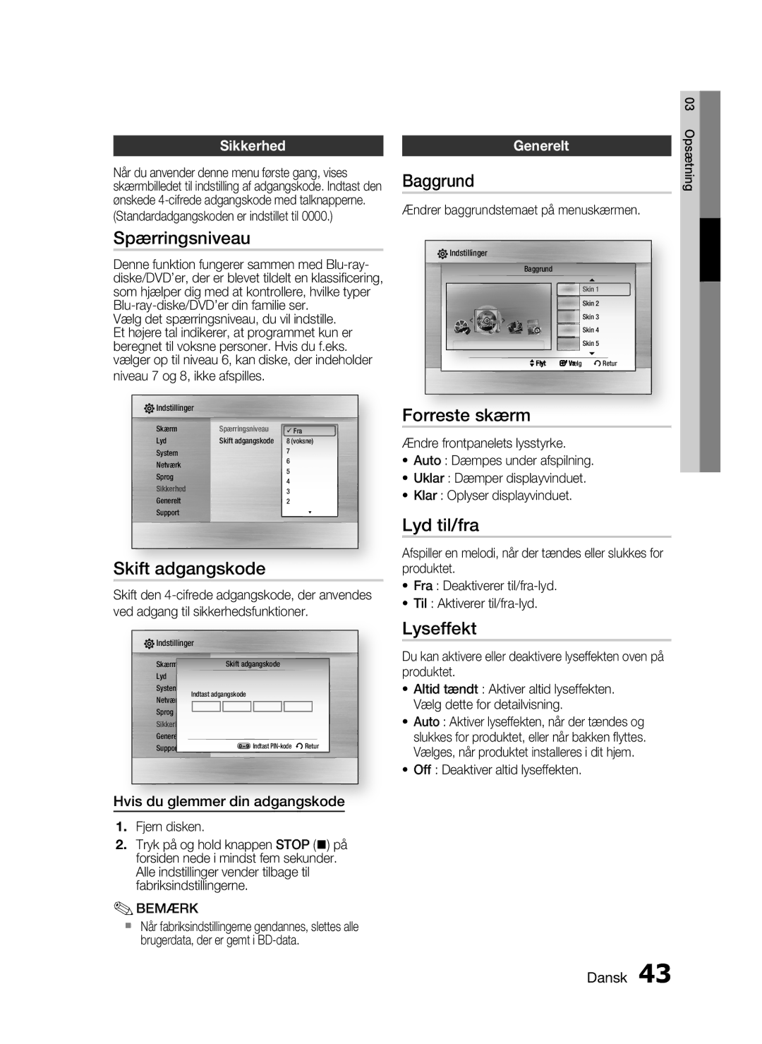 Samsung HT-C6930W/XEE manual Spærringsniveau, Skift adgangskode, Baggrund, Forreste skærm, Lyd til/fra, Lyseffekt 