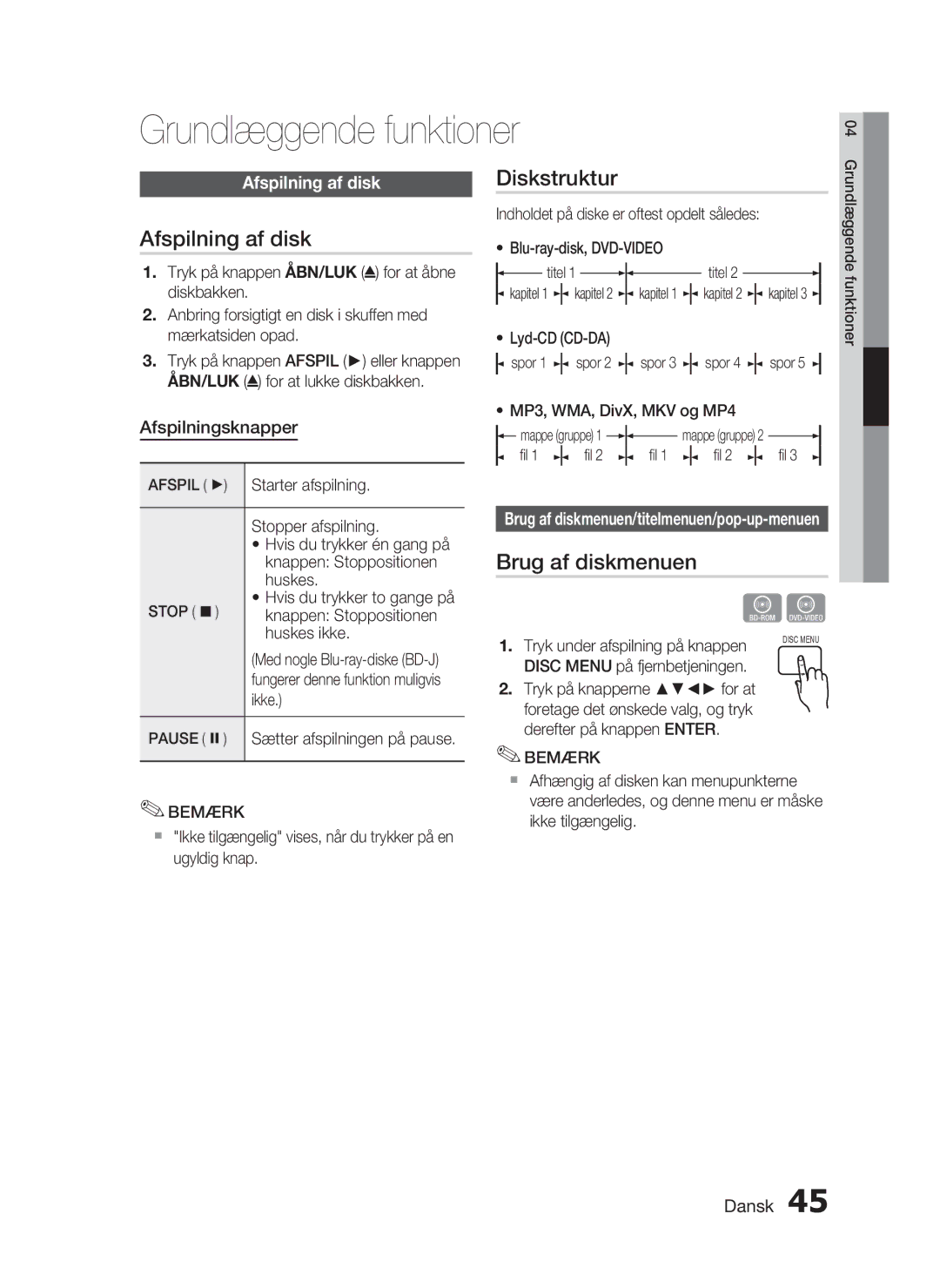 Samsung HT-C6930W/XEE manual Grundlæggende funktioner, Afspilning af disk, Diskstruktur, Brug af diskmenuen 