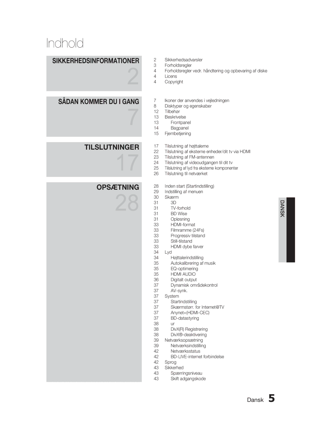 Samsung HT-C6930W/XEE manual Indhold, Sikkerhedsinformationer 