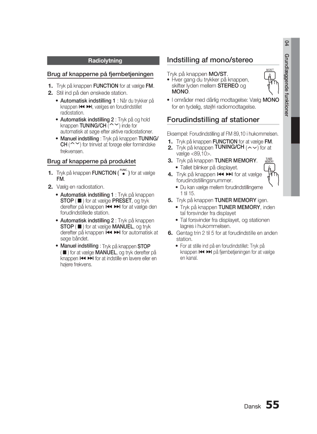 Samsung HT-C6930W/XEE manual Indstilling af mono/stereo, Forudindstilling af stationer, Radiolytning 