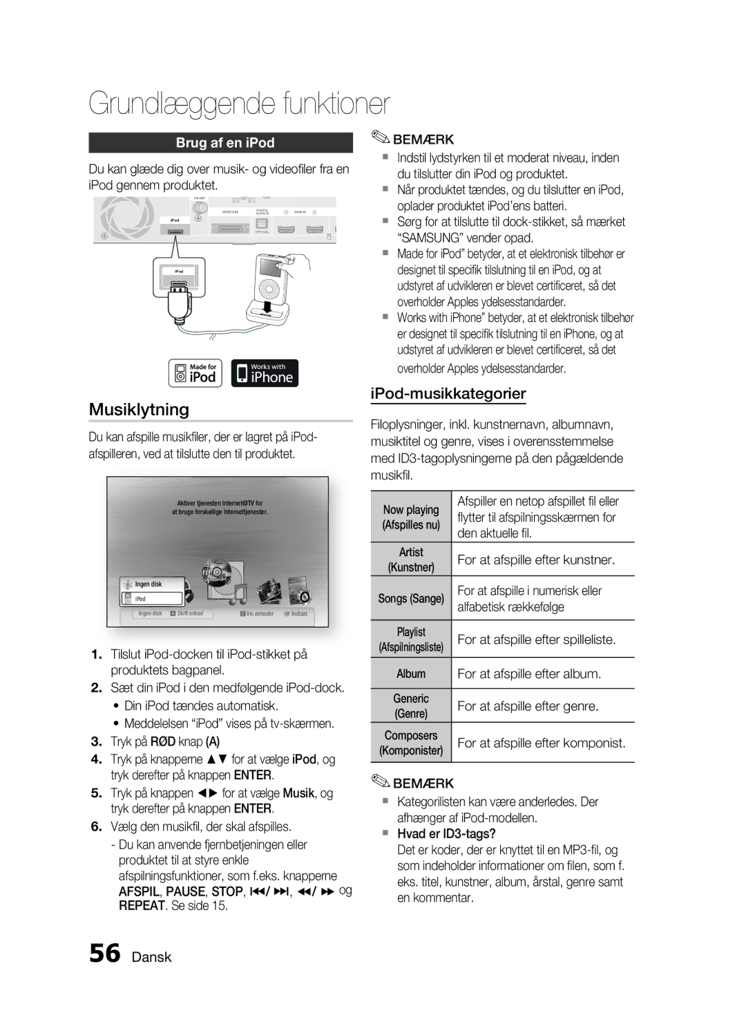 Samsung HT-C6930W/XEE manual Musiklytning, Brug af en iPod 