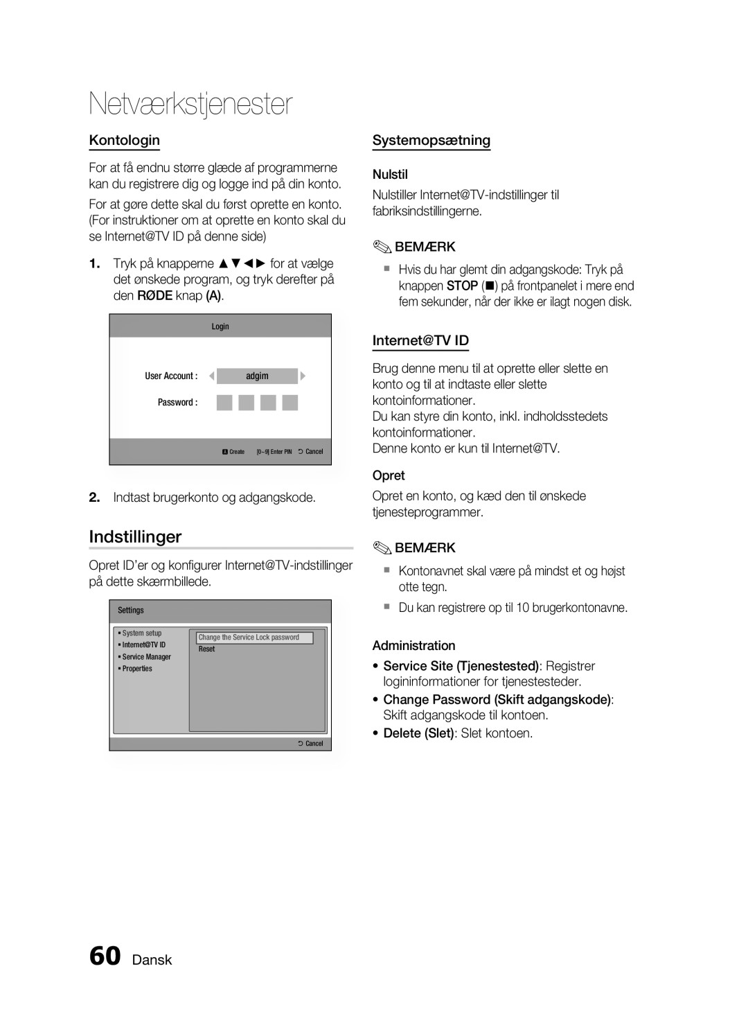 Samsung HT-C6930W/XEE manual Indstillinger, Kontologin, Systemopsætning, Internet@TV ID, Indtast brugerkonto og adgangskode 