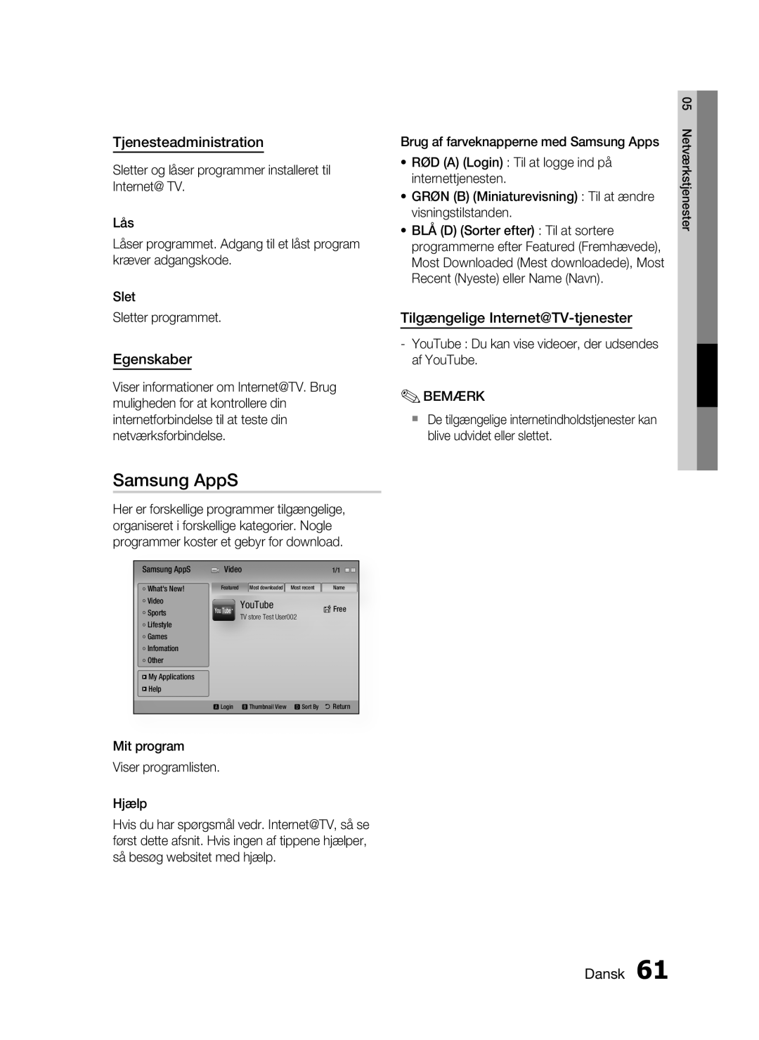 Samsung HT-C6930W/XEE manual Samsung AppS, Tjenesteadministration, Egenskaber, Tilgængelige Internet@TV-tjenester 