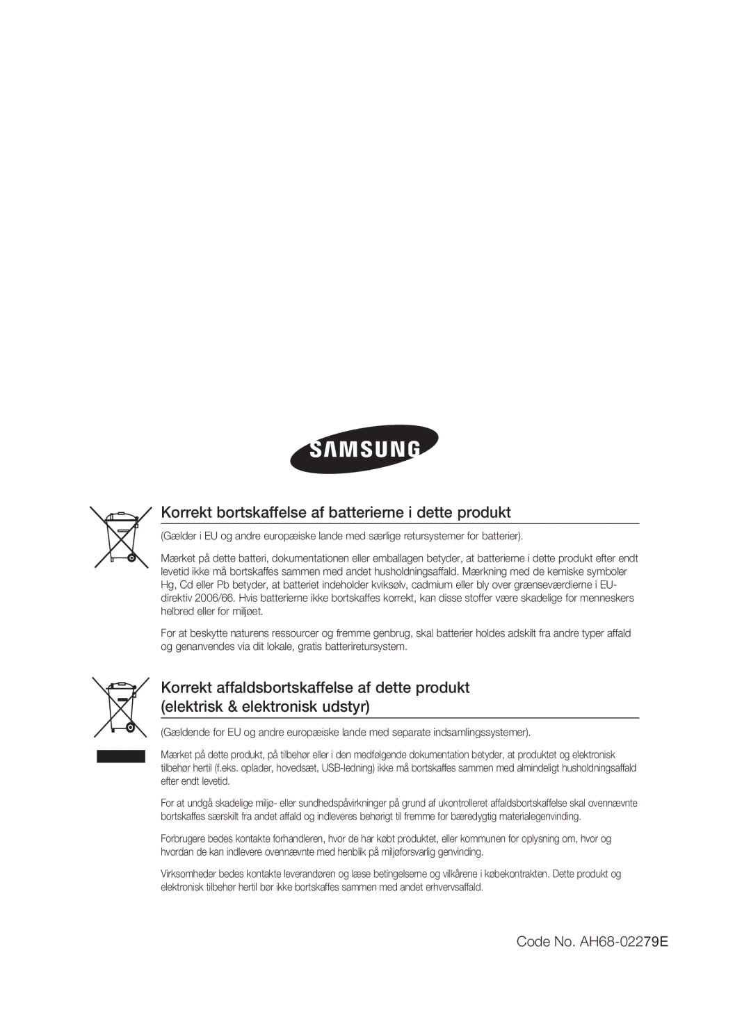 Samsung HT-C6930W/XEE manual Korrekt bortskaffelse af batterierne i dette produkt 