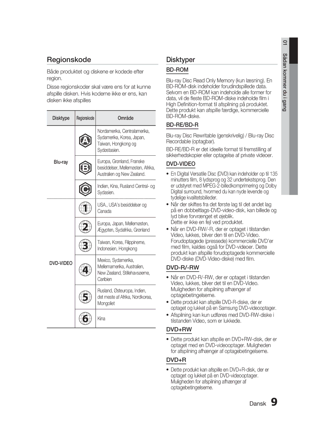 Samsung HT-C6930W/XEE manual Regionskode, Disktyper 