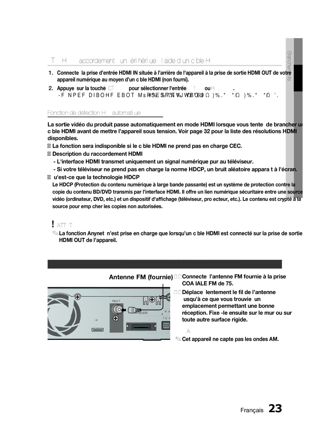 Samsung HT-C6930W/XEF manual Antenne FM fournie, Fonction de détection Hdmi automatique, Raccordement de lantenne FM 