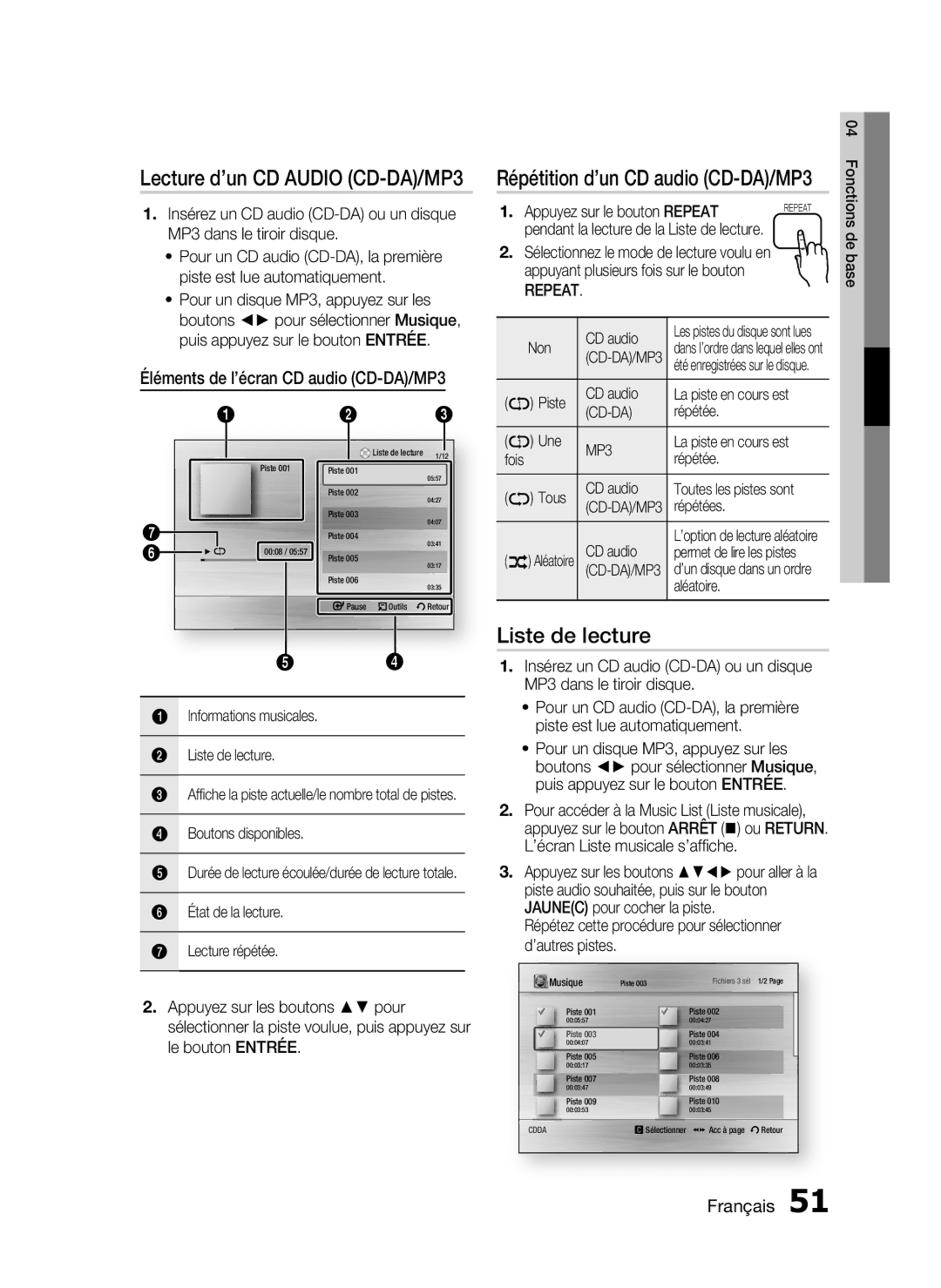 Samsung HT-C6930W/XEF manual Liste de lecture, Éléments de l’écran CD audio CD-DA/MP3, Repeat, Cd-Da 