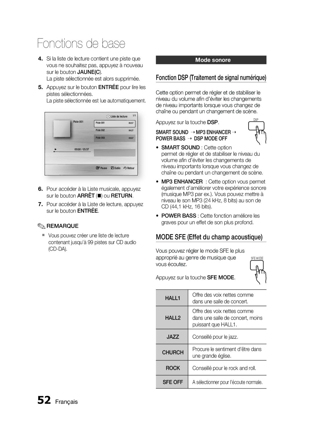 Samsung HT-C6930W/XEF manual Mode SFE Effet du champ acoustique, Fonction DSP Traitement de signal numérique, Mode sonore 