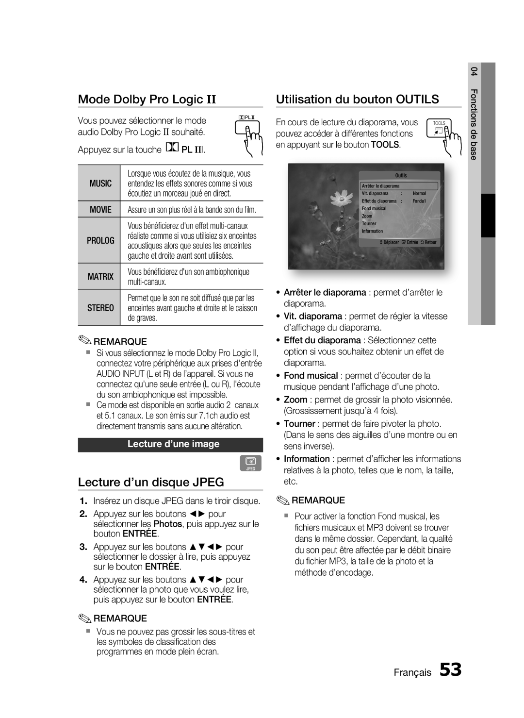 Samsung HT-C6930W/XEF Mode Dolby Pro Logic, Lecture d’un disque Jpeg, Utilisation du bouton Outils, Lecture d’une image 