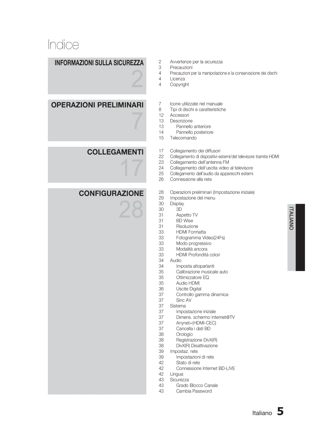 Samsung HT-C6930W/XEF manual Indice, Informazioni Sulla Sicurezza 