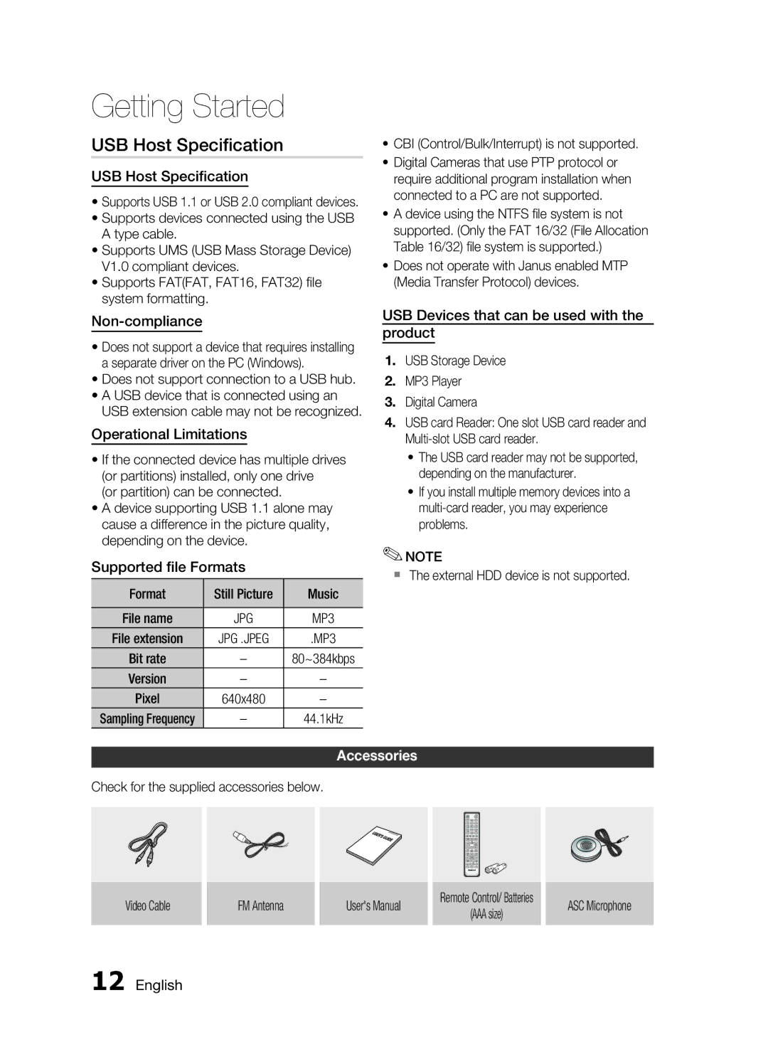 Samsung HT-C6950W/XER manual USB Host Speciﬁcation, Accessories 