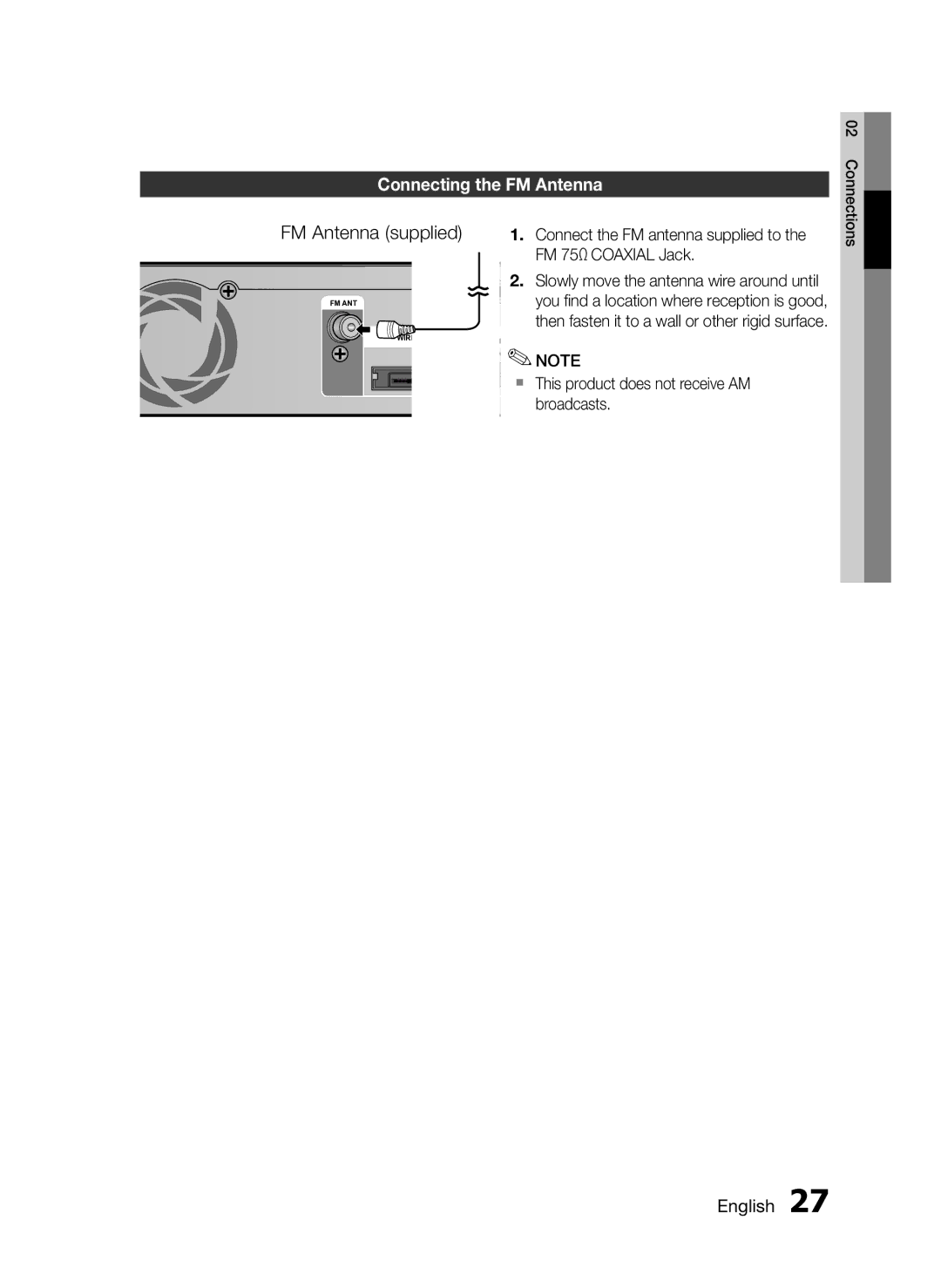 Samsung HT-C6950W/XER manual Connecting the FM Antenna, Connect the FM antenna supplied to the FM 75Ω Coaxial Jack 