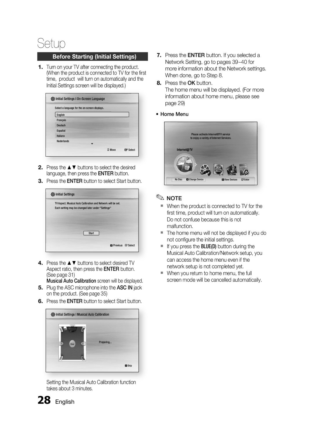 Samsung HT-C6950W/XER manual Setup, Before Starting Initial Settings, Press the Enter button to select Start button 