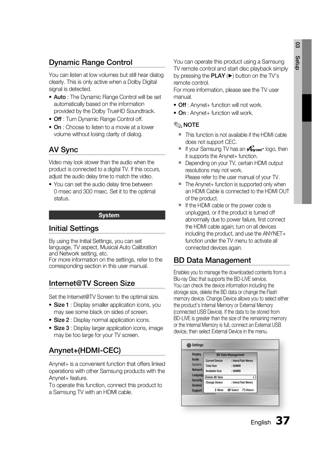 Samsung HT-C6950W/XER manual Dynamic Range Control, AV Sync, Initial Settings, Internet@TV Screen Size, Anynet+HDMI-CEC 