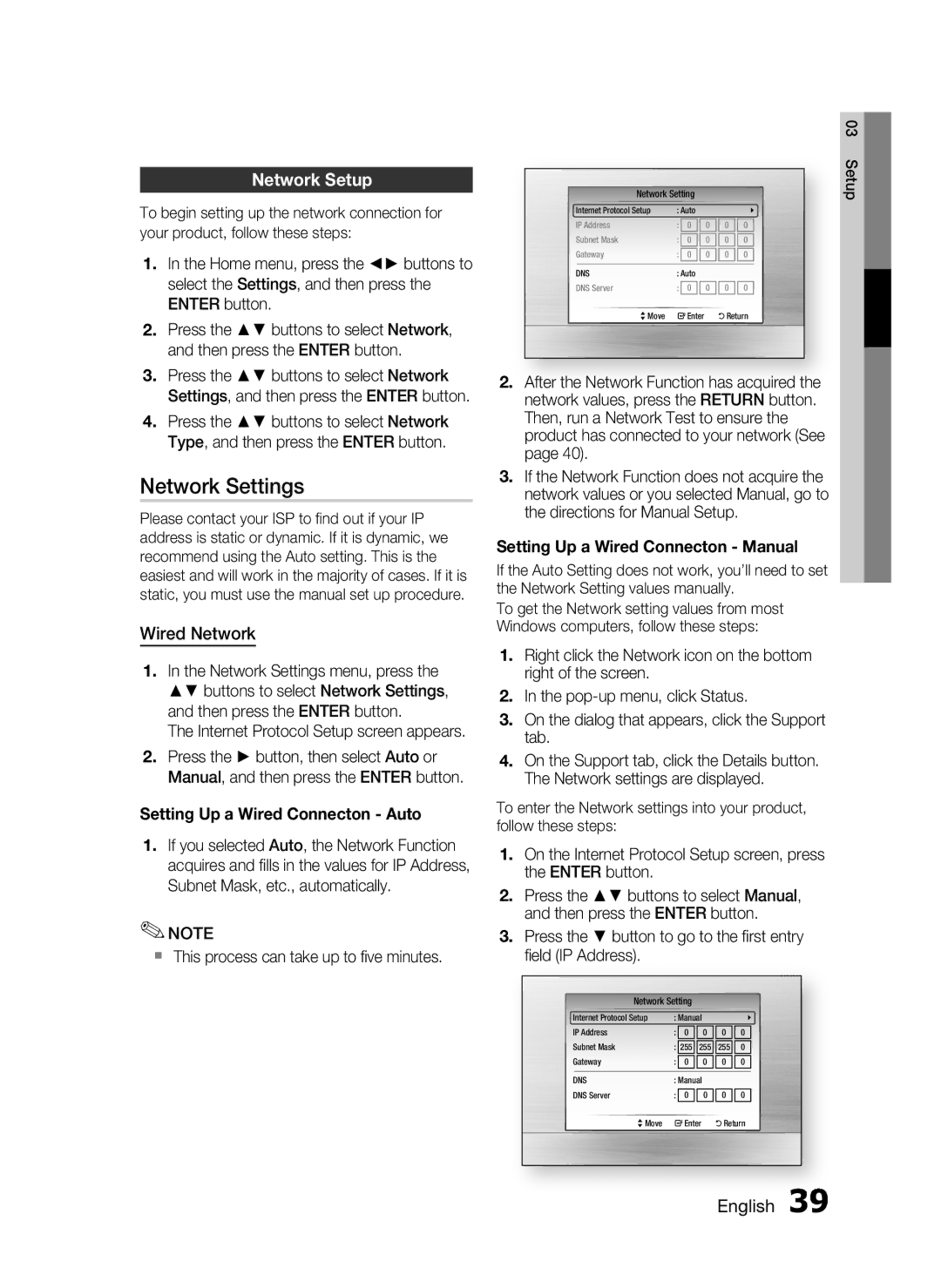 Samsung HT-C6950W/XER manual Network Settings, Network Setup, Wired Network 