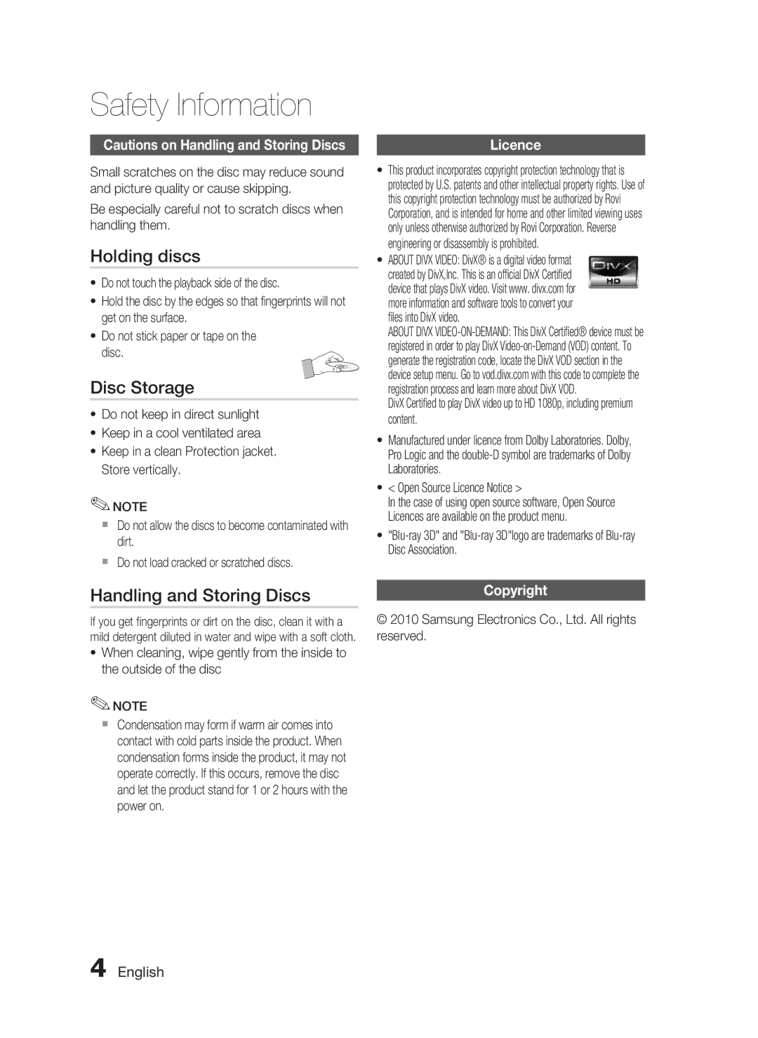 Samsung HT-C6950W/XER manual Holding discs, Disc Storage, Handling and Storing Discs, Licence, Copyright 