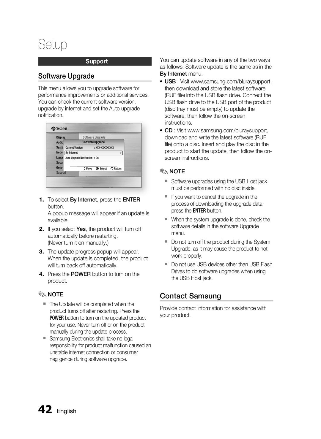 Samsung HT-C6950W/XER manual Software Upgrade, Contact Samsung, Support 