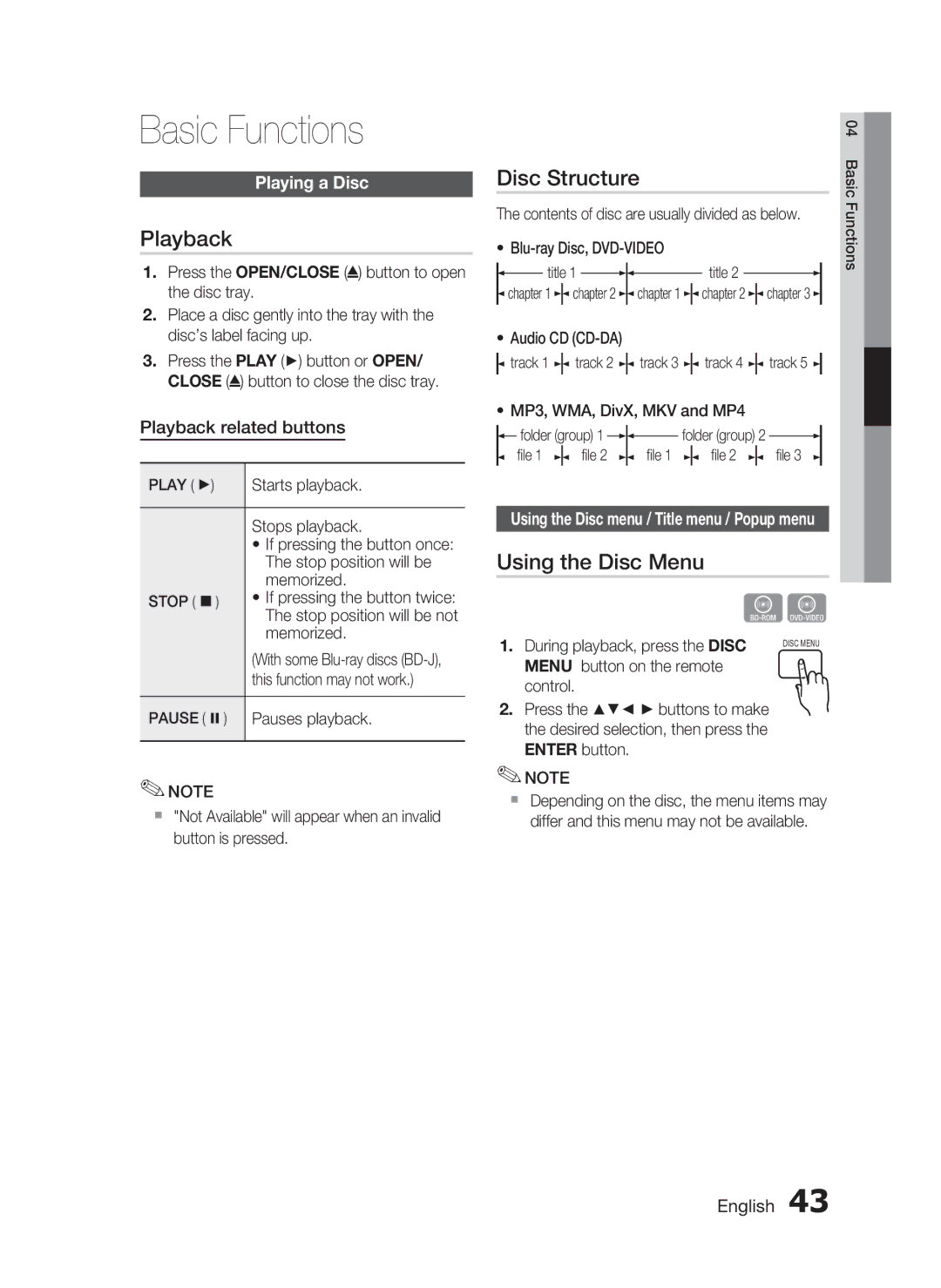 Samsung HT-C6950W/XER manual Basic Functions, Playback, Disc Structure, Using the Disc Menu, Playing a Disc 