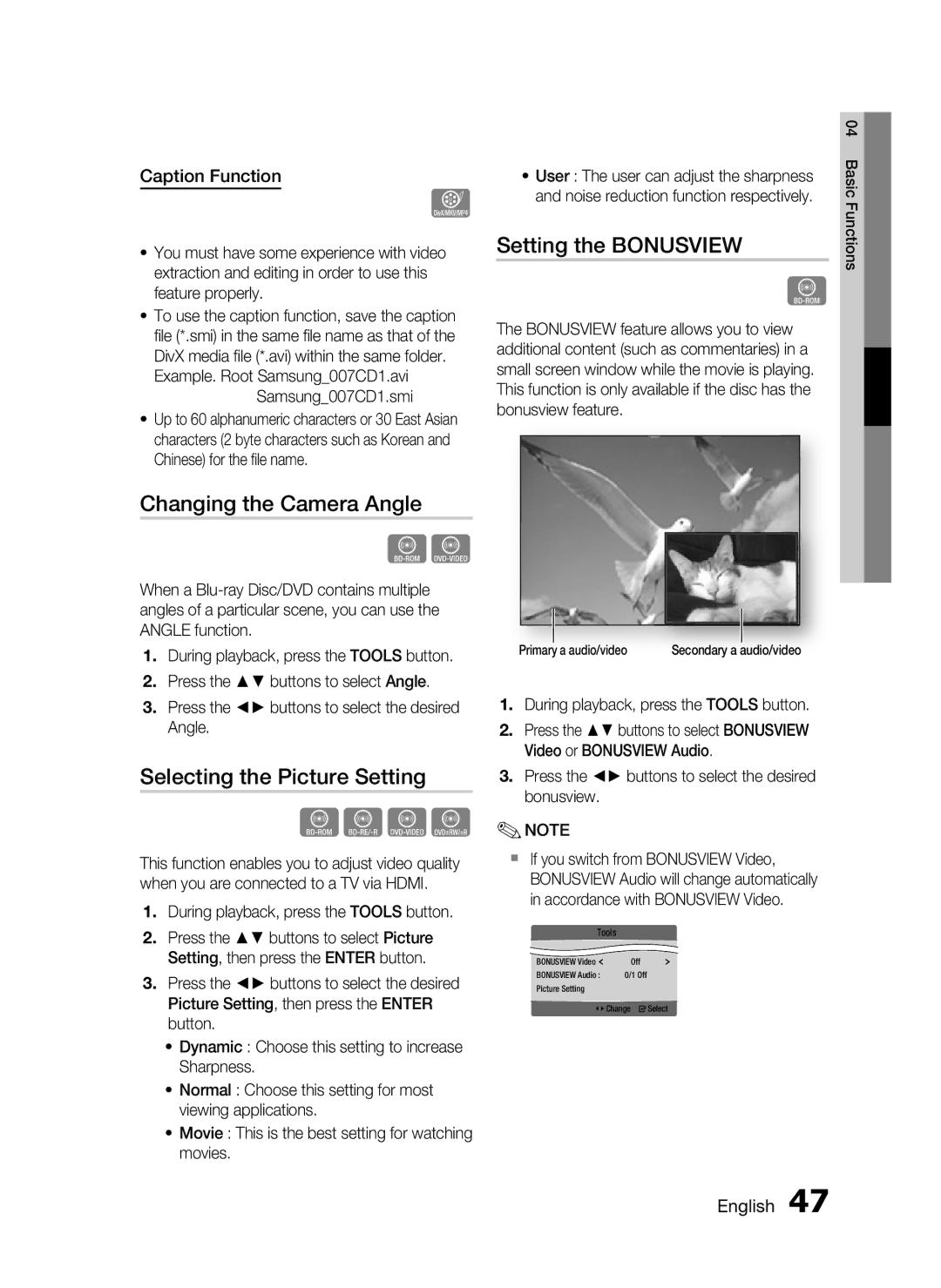 Samsung HT-C6950W/XER Changing the Camera Angle, Selecting the Picture Setting, Setting the Bonusview, Caption Function 