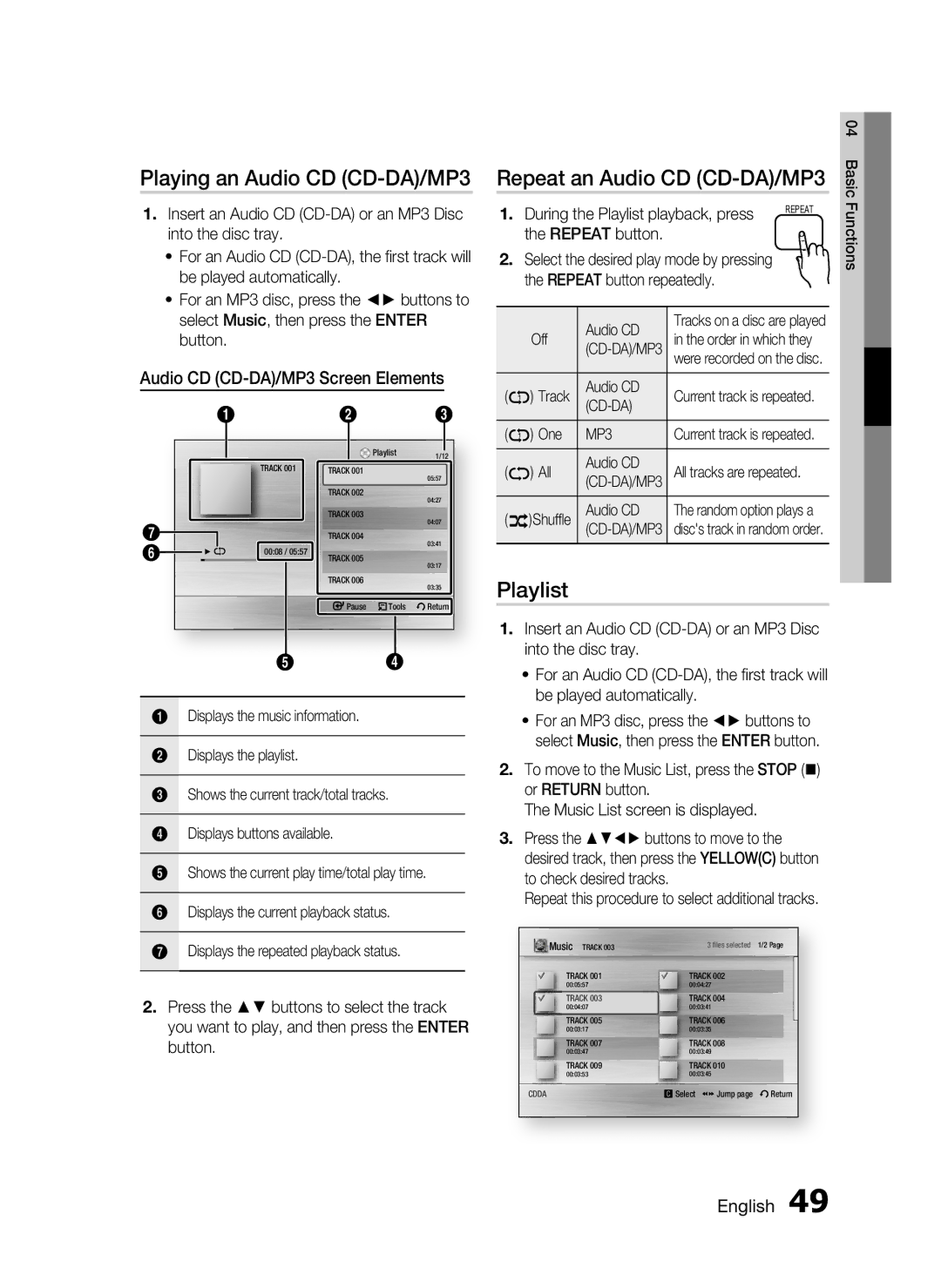 Samsung HT-C6950W/XER manual Playing an Audio CD CD-DA/MP3, Repeat an Audio CD CD-DA/MP3, Playlist 