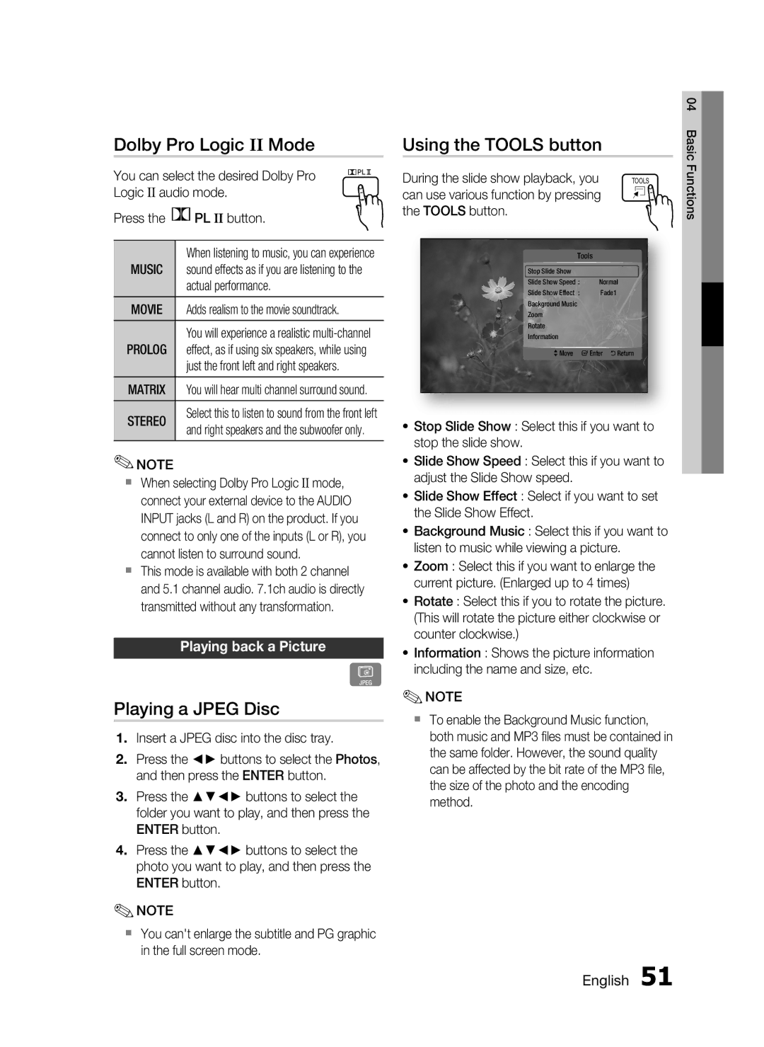 Samsung HT-C6950W/XER Dolby Pro Logic II Mode, Playing a Jpeg Disc, Using the Tools button, Playing back a Picture, Music 