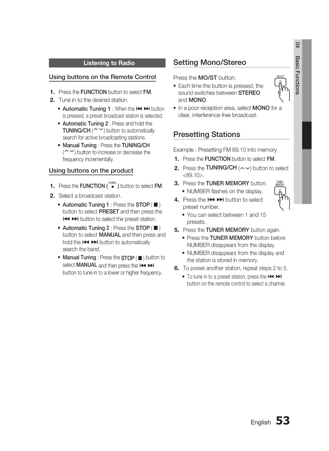 Samsung HT-C6950W/XER Setting Mono/Stereo, Presetting Stations, Listening to Radio, Using buttons on the Remote Control 