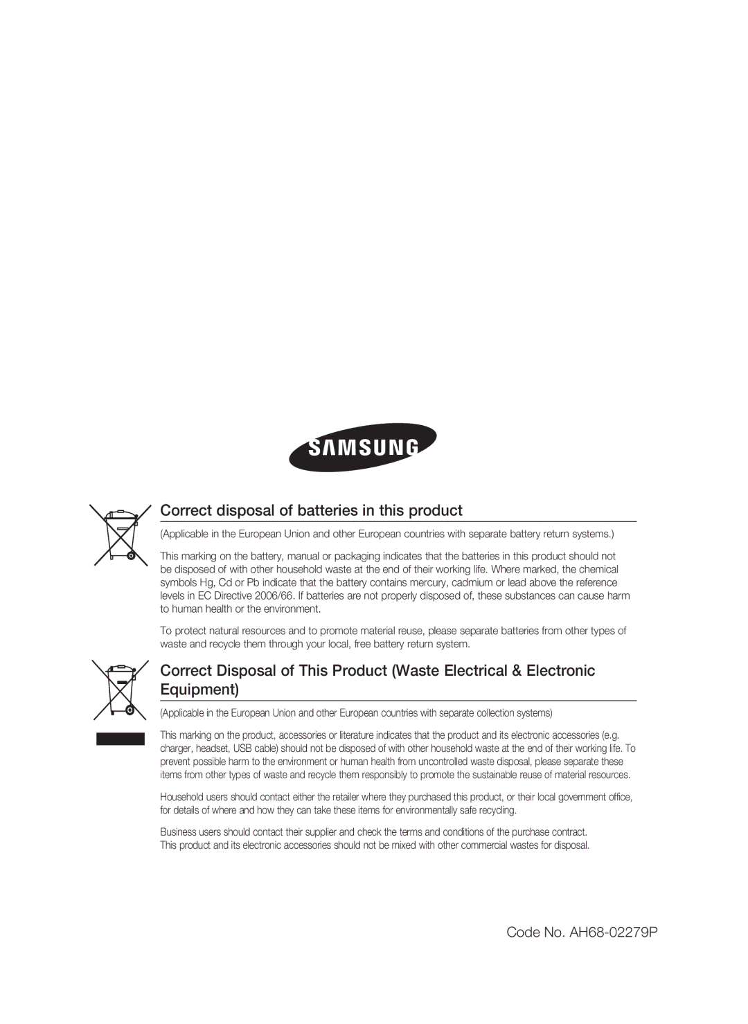 Samsung HT-C6950W/XER manual Correct disposal of batteries in this product 