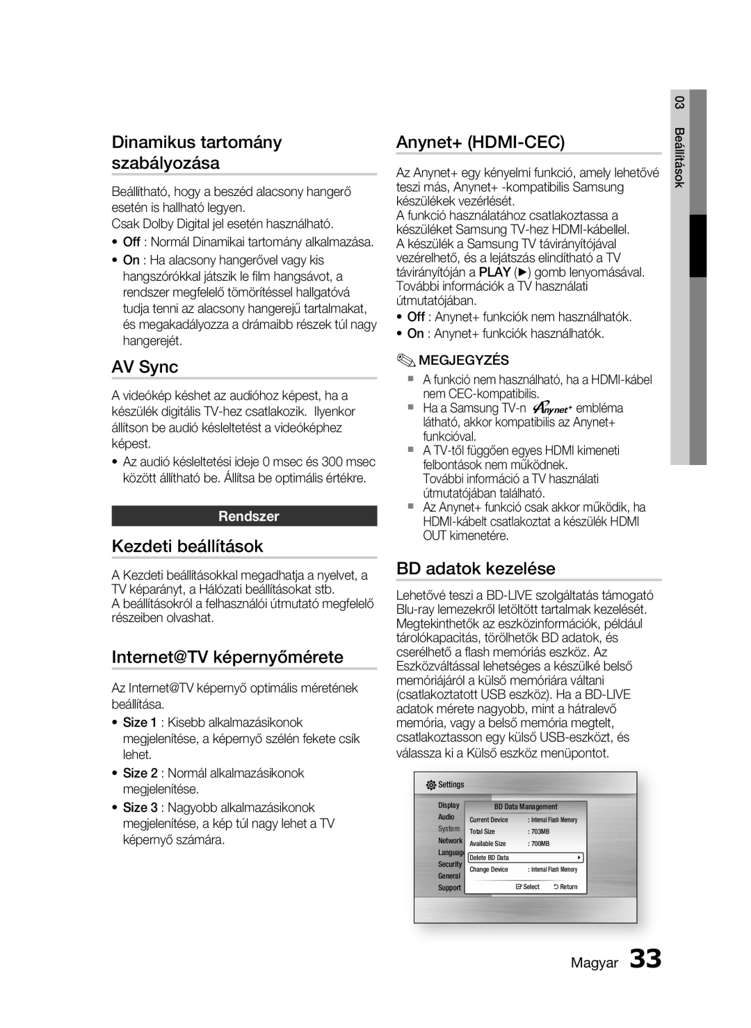 Samsung HT-C7200/EDC manual Dinamikus tartomány szabályozása, AV Sync, Kezdeti beállítások, Internet@TV képernyőmérete 