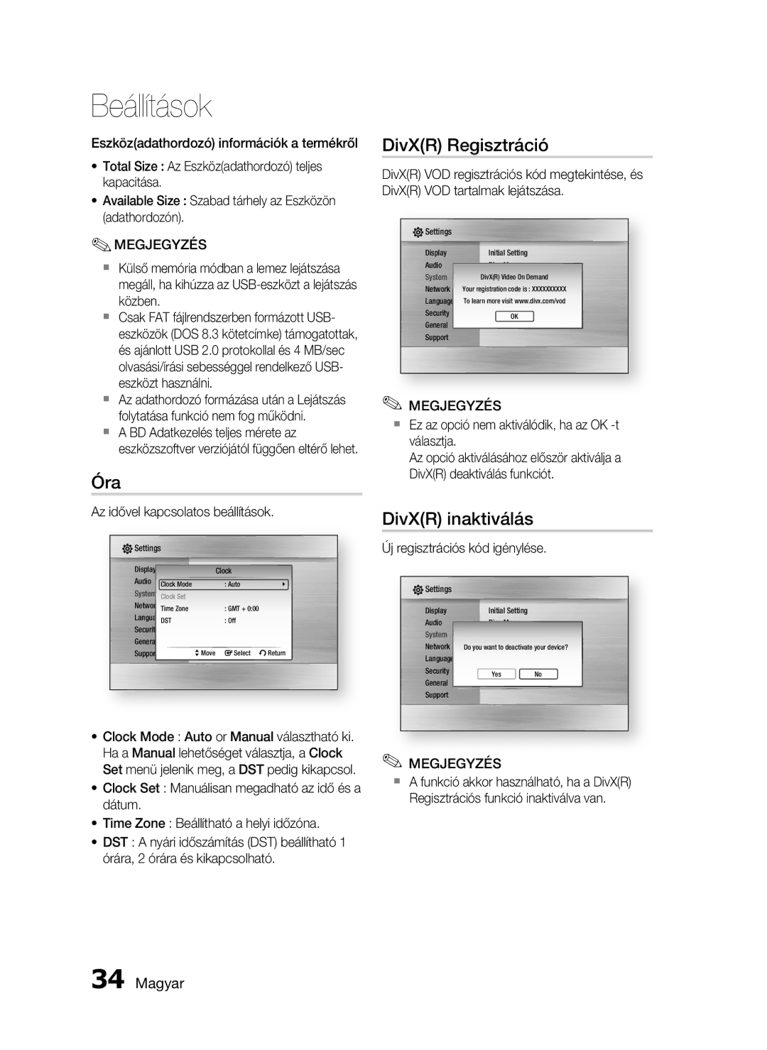 Samsung HT-C7200/XEF, HT-C7200/EDC, HT-C7200/XEE manual Óra, DivXR Regisztráció, DivXR inaktiválás 