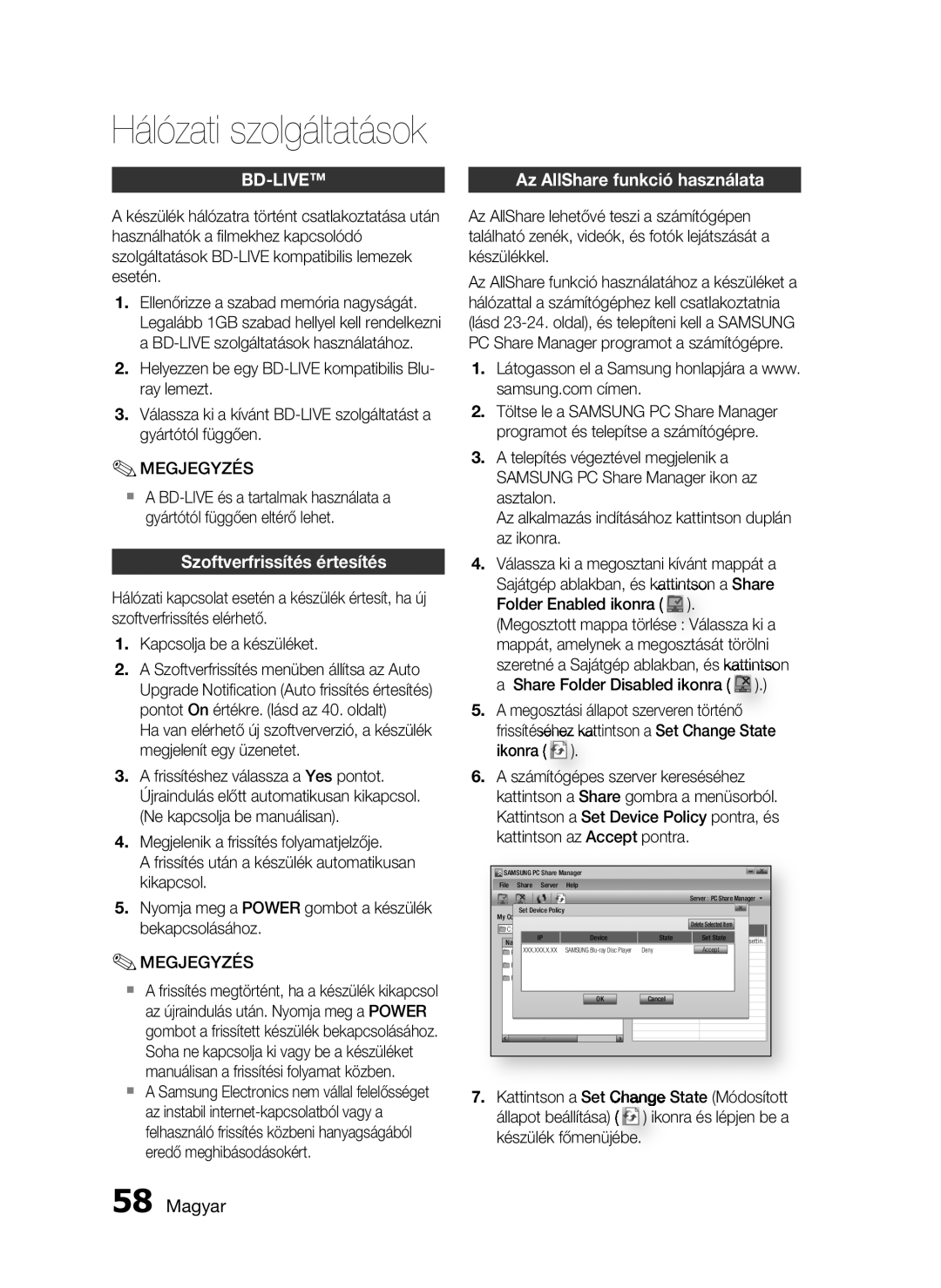 Samsung HT-C7200/XEF, HT-C7200/EDC, HT-C7200/XEE manual Hálózati szolgáltatások, Szoftverfrissítés értesítés 