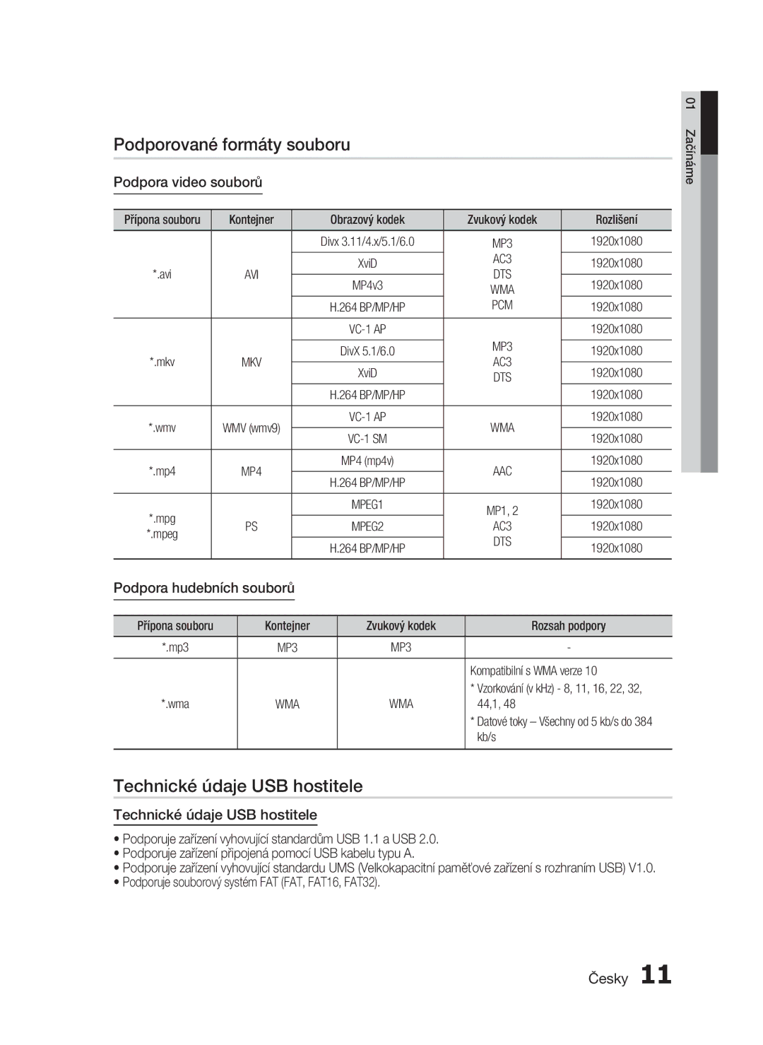 Samsung HT-C7200/XEF, HT-C7200/EDC manual Podporované formáty souboru, Technické údaje USB hostitele, Podpora video souborů 