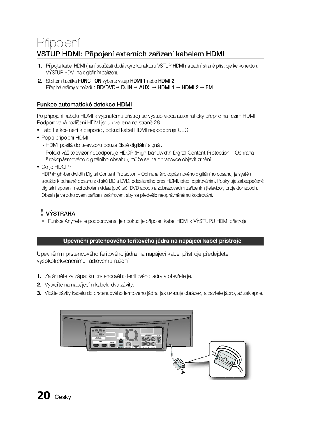 Samsung HT-C7200/EDC manual Vstup Hdmi Připojení externích zařízení kabelem Hdmi, Funkce automatické detekce Hdmi, 20 Česky 