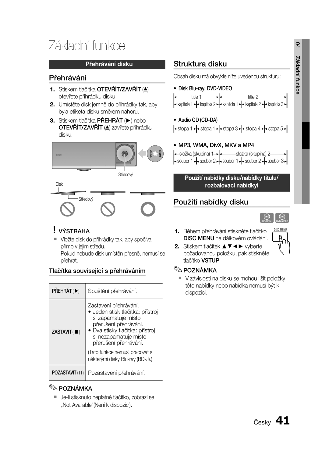 Samsung HT-C7200/XEF, HT-C7200/EDC manual Základní funkce, Přehrávání, Struktura disku, Použití nabídky disku 