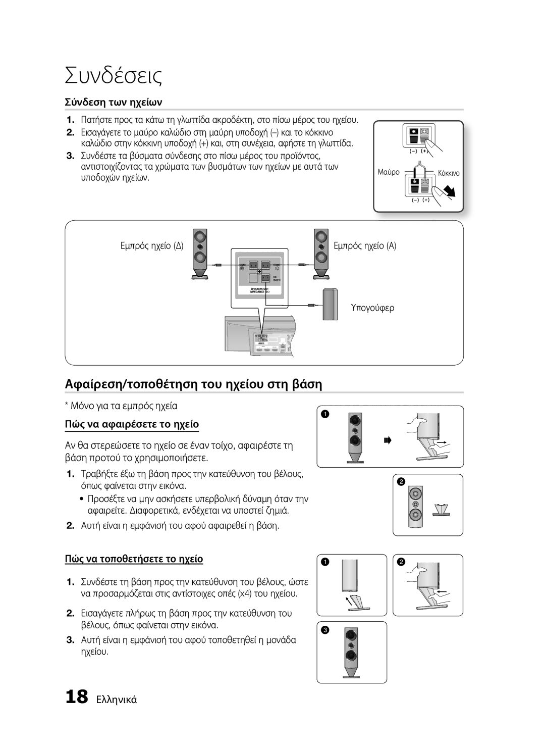 Samsung HT-C7200/EDC manual Αφαίρεση/τοποθέτηση του ηχείου στη βάση, Σύνδεση των ηχείων, Πώς να τοποθετήσετε το ηχείο 