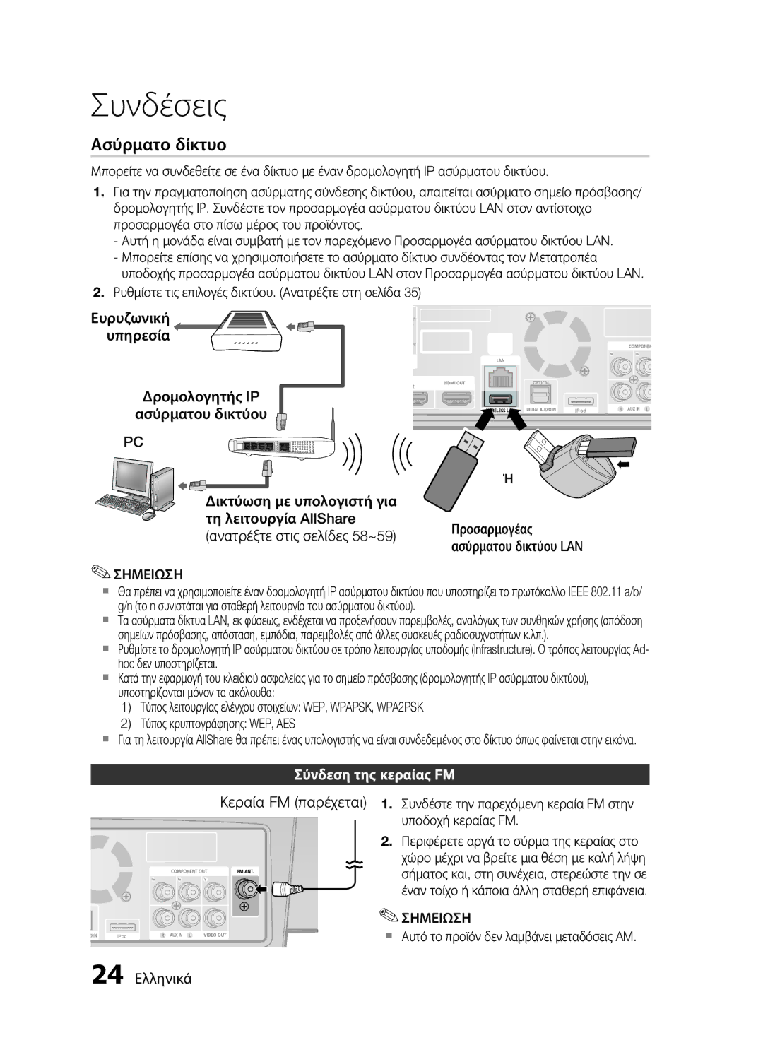 Samsung HT-C7200/EDC manual Ευρυζωνική Υπηρεσία, 24 Ελληνικά 