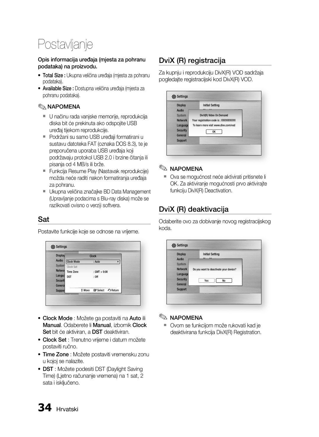 Samsung HT-C7200/EDC manual Sat, DviX R registracija, DviX R deaktivacija, Postavite funkcije koje se odnose na vrijeme 