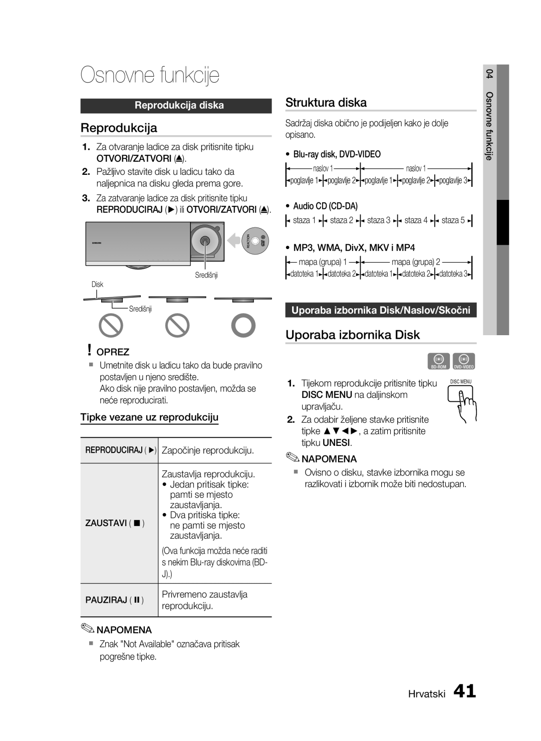 Samsung HT-C7200/EDC manual Osnovne funkcije, Reprodukcija, Struktura diska, Uporaba izbornika Disk 