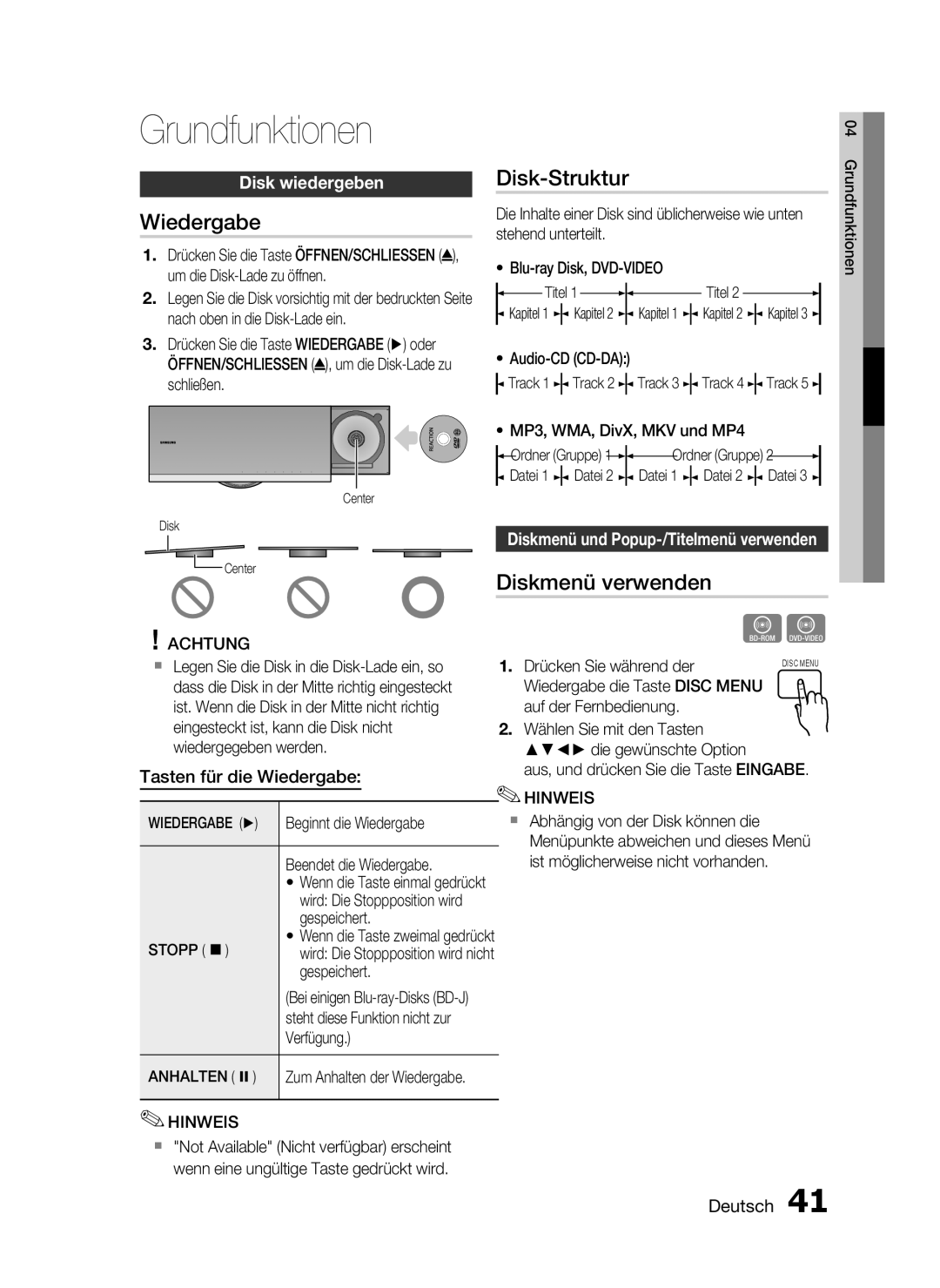 Samsung HT-C7200/EDC, HT-C7200/XEN manual Grundfunktionen, Wiedergabe, Diskmenü verwenden, Disk wiedergeben 